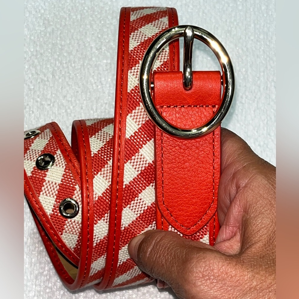 Talbot checkered linen belt in a reddish orange color size large